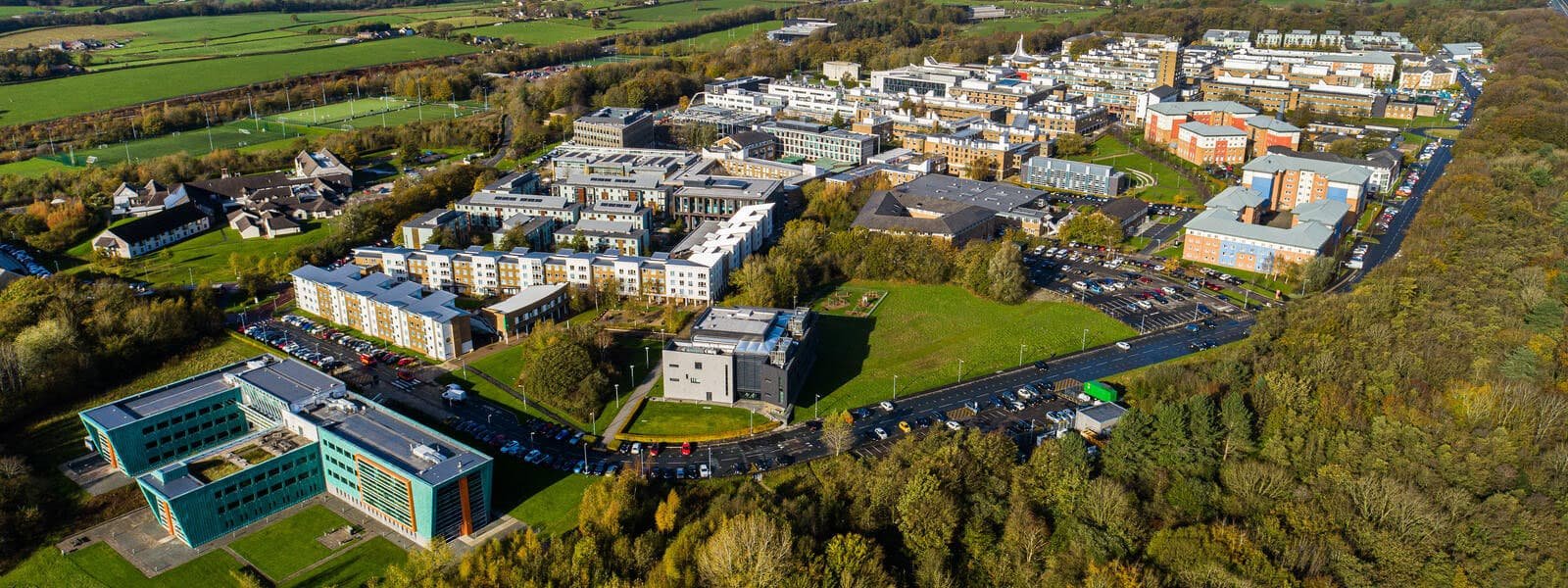 Aerial view of Lancaster University campus